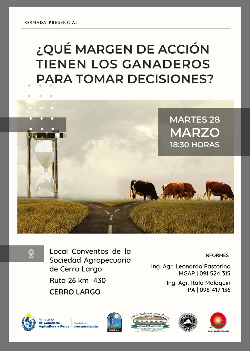 PlanAgro's tweet photo. ¡Próximo martes!
🗓️28/3⏰18:30hs📌Local Conventos de la Sociedad Agropecuaria de Cerro Largo 
Jornada "Qué margen de acción tienen los ganaderos para tomar decisiones? 
@MGAPUruguay #SFRCerroLargo #LdeTFraileMuerto @agrocl #Ganadería #Campo @pulgaterra #PlanAgro https://t.co/HlmGCrYEwK
