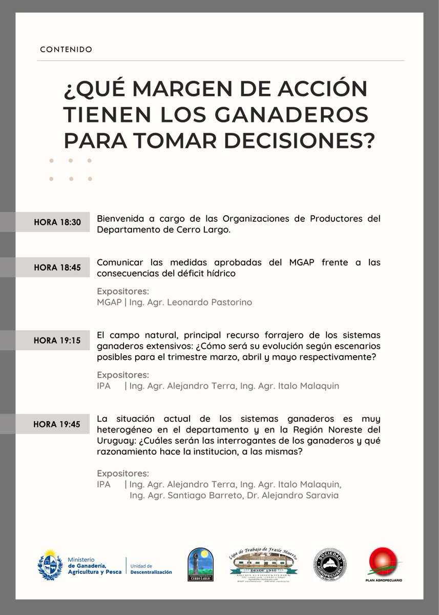PlanAgro's tweet photo. ¡Próximo martes!
🗓️28/3⏰18:30hs📌Local Conventos de la Sociedad Agropecuaria de Cerro Largo 
Jornada "Qué margen de acción tienen los ganaderos para tomar decisiones? 
@MGAPUruguay #SFRCerroLargo #LdeTFraileMuerto @agrocl #Ganadería #Campo @pulgaterra #PlanAgro https://t.co/HlmGCrYEwK