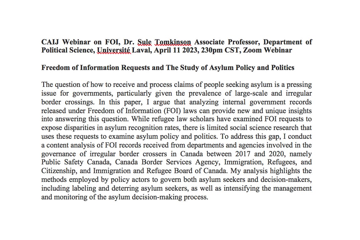 You are invited to a CAIJ Zoom webinar. Apr 11, 2023 2:30 PM Central Time (US and Canada). Freedom of Information Requests and The Study of Asylum Policy and Politics. Sule Tomkinson, Université Laval. Please register in advance on Zoom: us06web.zoom.us/webinar/regist…