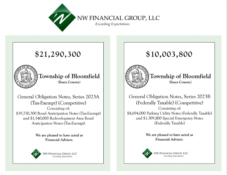 NWFinancialGrp's tweet photo. NW Financial served as Financial Advisor to the Township of Bloomfield on the following Note transaction which closed on March 21, 2023.

#publicfinance #financialadvisor #financialconsulting #municipalfinance #finance #nwfinancial https://t.co/c1HVYoQC0y