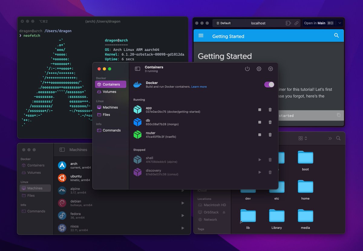 kdrag0n's tweet image. 🚀 Introducing OrbStack
A new way to run Docker &amp;amp; Linux on macOS

⚡️ Fast: Starts instantly, fast network, Rosetta
💨 Light: 0.1% CPU, native Mac app
🍰 Simple: Seamless integration, easy UI
🔨 Powerful: Supercharged WSL + Docker Desktop

Try it out 👇
orbstack.dev