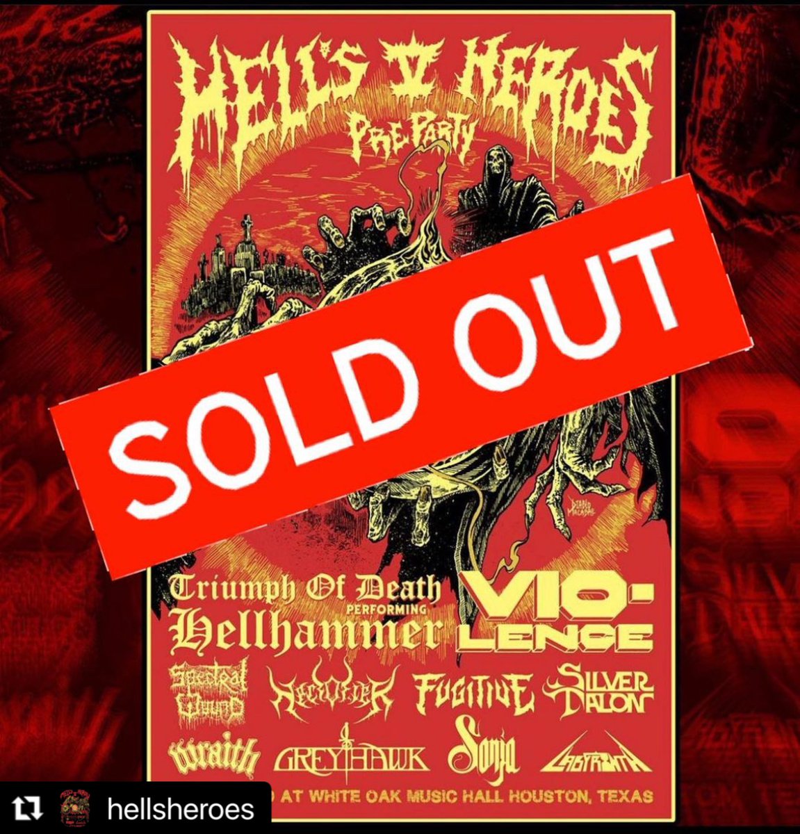 Hell’s Heroes Pre-Party is TONIGHT and SOLD OUT. We’re closing it down on the upstairs stage at 10:20 after VIO-LENCE and before Triumph of Death. See you soon! . #silvertalon #hellsheroes #heavymetal