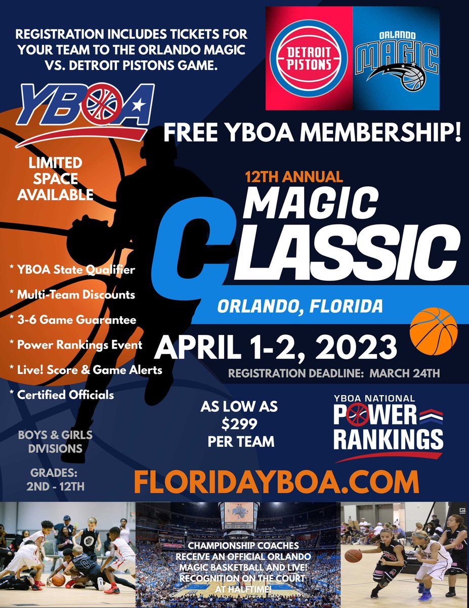 Last Chance! YBOA Magic Classic includes tickets for your team to the Magic Game during the tournament. Championship teams are recognized on the court during half-time! Don’t miss it! floridayboa.com