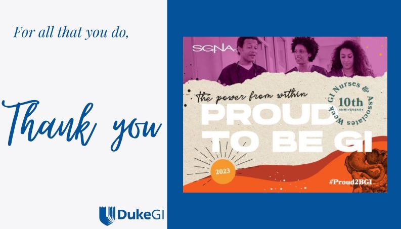 Duke_GI_'s tweet photo. Happy GI Nurses & Associates Week to the team at @duke_gi_ Grateful for the care provided by these professionals every day.
#Proud2BGI #GINursesandAssociatesWeek #GINurses #GIAssociates #Gastroenterology #coloncancerawarenessmonth @encsgna @SGNAOnline https://t.co/xqIQ8Oet5Z