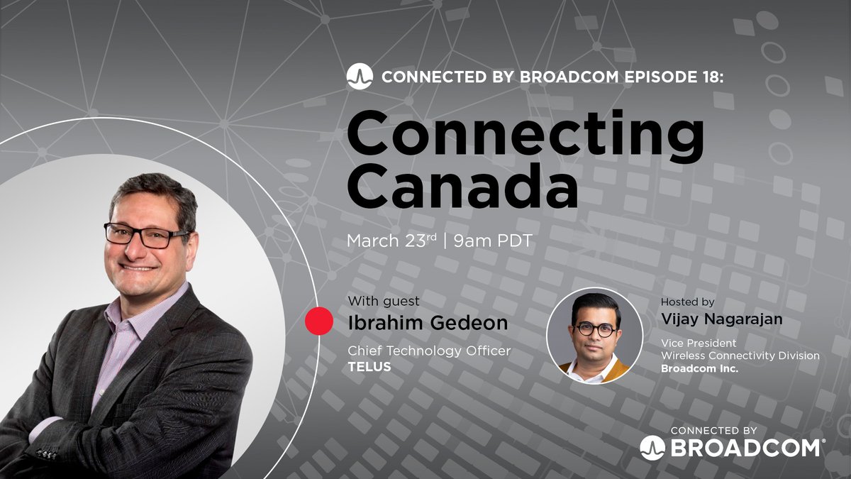 In one hour, @GedeonIbrahim, CTO @TELUS, joins @nvcidambi for the next Ep. of #ConnectedByBroadcom. Tune in to get answers to questions like, “How do we make better technologists where we live?” “How has AI influenced broadband offerings?” and more. Join @ bit.ly/3mYSYji