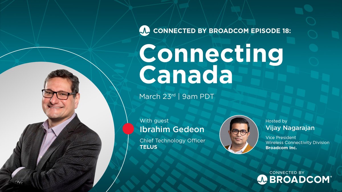 In one hour, join me and @GedeonIbrahim—CTO @TELUS—for the next Ep. of #ConnectedByBroadcom. How can we bridge the #digitaldivide? Why is robust trust and security essential to implementing #AI? How can we nurture better #technologists? Find out at 9AM PT: bit.ly/3mYSYji