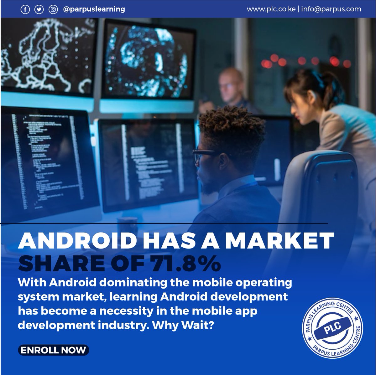 parpuslearning's tweet image. #Android is the world&apos;s top mobile operating system, with a market share of 71.8%. Get ahead of the game and enroll in our #AndroidDevelopment course to become a skilled developer and launch a rewarding career. Sign up now at ow.ly/IfBs50NpM6k. 

#ParpusLearning #mobileapps