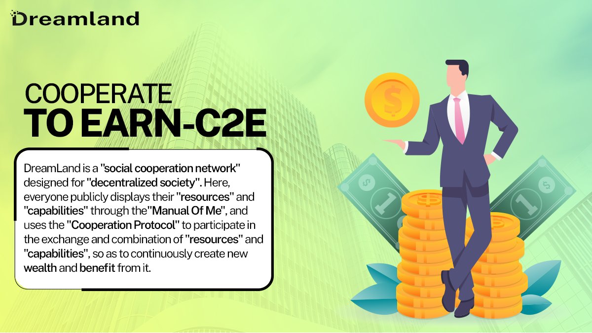 DreamlandGlobal's tweet photo. Through the #ManualOfMe and the #CooperationProtocol, Dreamers and Builders can display their resources and capabilities, exchange and combine them to create new wealth and benefit.
#DreamLand #CooperateToEarn #C2E #Web3 https://t.co/U8gFDf94AT