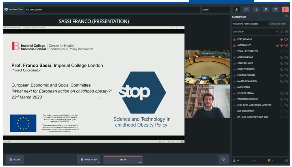 imperialchepi's tweet photo. "@STOPobesityEU provides a blueprint to tackle childhood obesity: nudges and physical education interventions in schools, support to families in the healthcare sector, new approaches to food taxes, curbing marketing in digital environments." Prof. Sassi speaking at the @EU_EESC https://t.co/qDc6H4xfM8