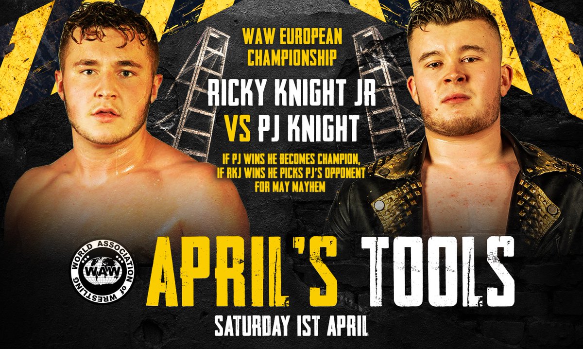 See #FightingWithMyFamily in real life next weekend as @RKJ450 defends the WAW European Heavyweight title against cousin @PJKnight18 in a Ladder match! WAW April's Tools | Saturday 1st April | WAW Performance Centre, Norwich 🎟️ wawuk.com/events/aprils-…