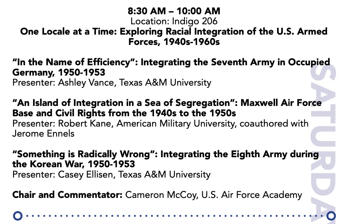 I'm really looking forward to returning to my old stomping grounds in #SanDiego for the @SMH_Historians conference! If you're free Saturday morning, attend a thought-provoking panel on racial integration in the armed forces!