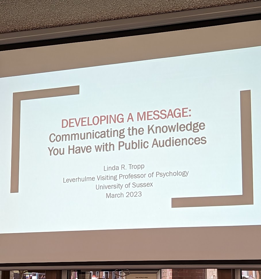 Sussex_Psych's tweet photo. Happening now, visiting Prof @lindatropp's second @LeverhulmeTrust public lecture & workshop, 'Developing a message for public audiences' @SussexUni
#MakingResearchMatter https://t.co/NRQ7PwEkRs