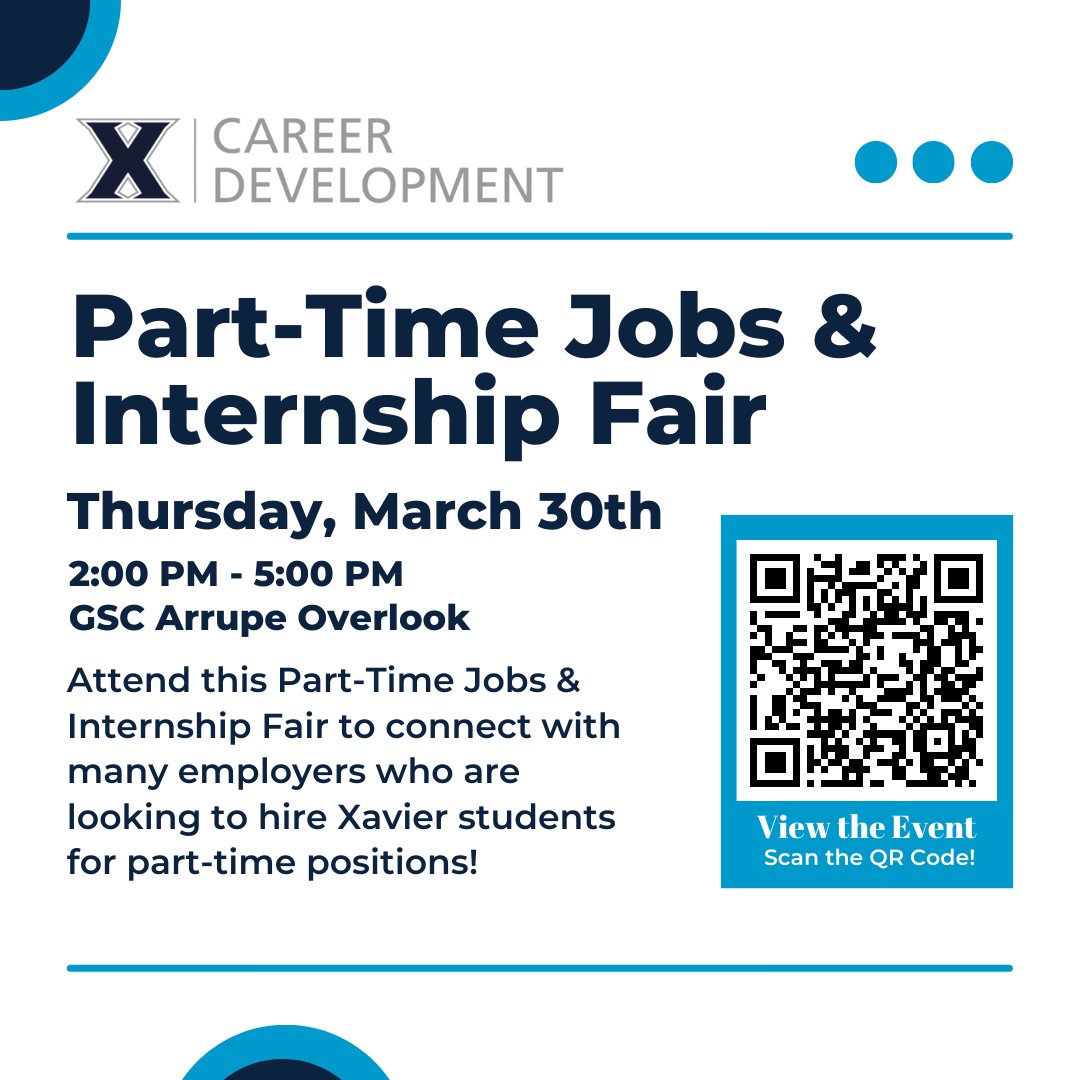 XUCareer's tweet photo. Are you looking for a Part-Time Job or Internship? All Xavier students are invited to attend the Part-Time Jobs &amp; Internship Fair on Thursday, March 30th. There are 18 employers participating in the fair, so log onto Handshake to register for the event! https://t.co/BXq8WvLiTM