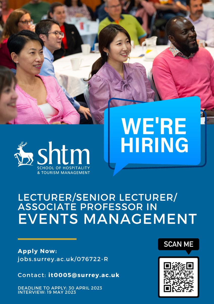 WE’RE HIRING!! 📣

#SHTMatSurrey is seeking to make a new appointment and is pleased to receive applications from strong candidates in #Events #Management. Lecturer/Senior Lecturer/Assoc Prof level. 

Apply: lnkd.in/eQ-xWtJs
Contact: @tussyadiah (i.tussyadiah@surrey.ac.uk)