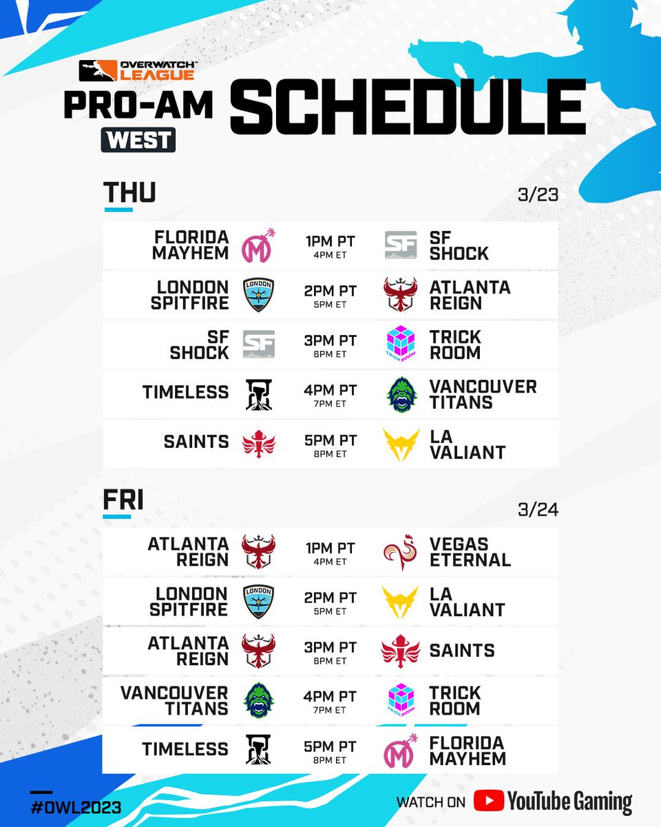 OW_Esports's tweet image. IT'S ALMOST TIME ⏰

The #OWL2023 Pro-AM tournament starts today at 1 PM PT! Which matches are you most excited for?