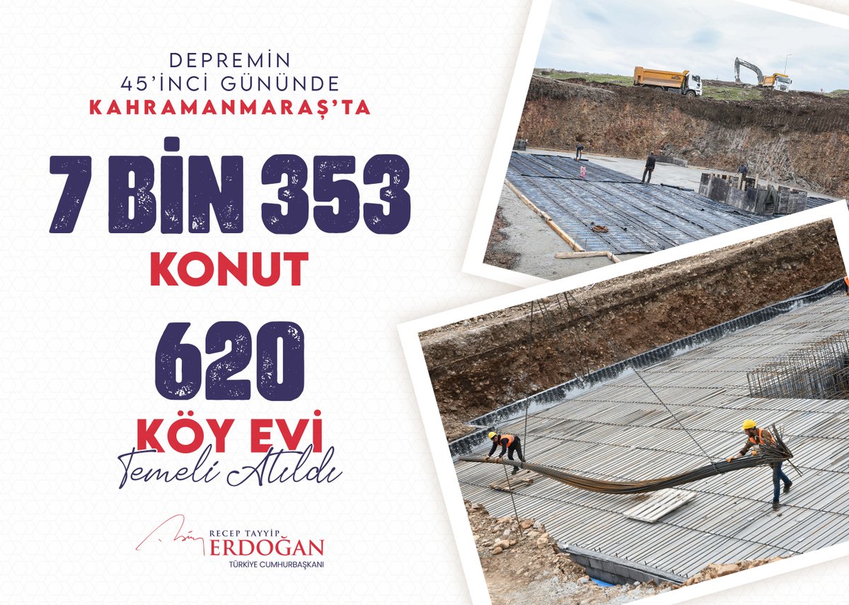 Deprem felaketinden sonraki ikinci haftada kalıcı konutların inşası için adımları atmaya başladık. Bugün Kahramanmaraş'ta 7 bin 353 konut ile 620 köy evinin temelini attık. Milletimize hayırlı olsun.