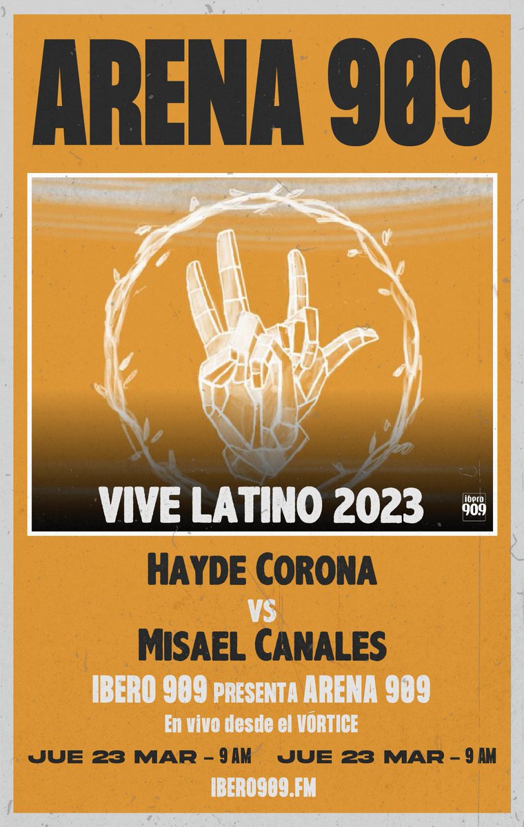 Hoy regresa la #Arena909 sobre lo malo, lo bueno, lo mejor y lo memorable del <a href="/vivelatino/">Vive Latino</a> #VL23 desde la perspectiva de dos ex locutores de <a href="/MercadoNegro/">Mercado Negro</a>: <a href="/MisanrolL/">Misael Canales</a> y <a href="/haydecorona/">Miss Atomic Bomb</a> ¡Se pondrá bueno!

Con <a href="/alde_barano/">Aldebarán (Ol' Bran)</a> x FM o ibero909.fm 
¡Al aire en este momento!