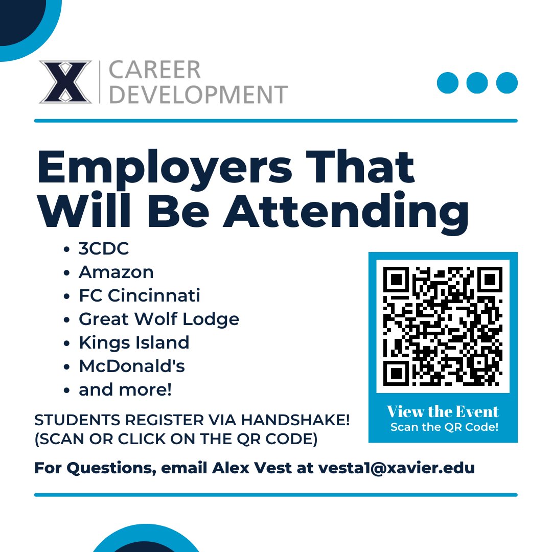 Are you looking for a Part-Time Job or Internship? All Xavier students are invited to attend the Part-Time Jobs &amp; Internship Fair on Thursday, March 30th. There are 18 employers participating in the fair, so log onto Handshake to register for the event!