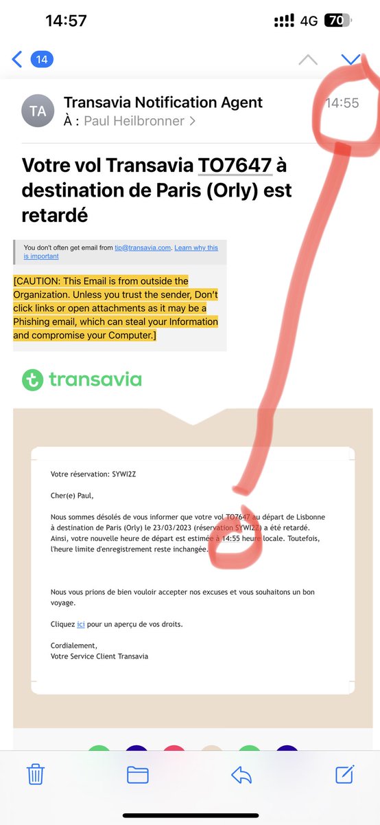 heilbronnerp's tweet photo. Sérieusement ⁦@transaviaFR⁩ ?  Vous informez à 14:55 que le vol est retardé et qu’il partira à 14:55 ?  Vous ne pensez pas qu’on s’en était rendu compte depuis 20 minutes (heure initiale de départ). Et de plus il n’est toujours pas parti….. https://t.co/t3NJUxveZt