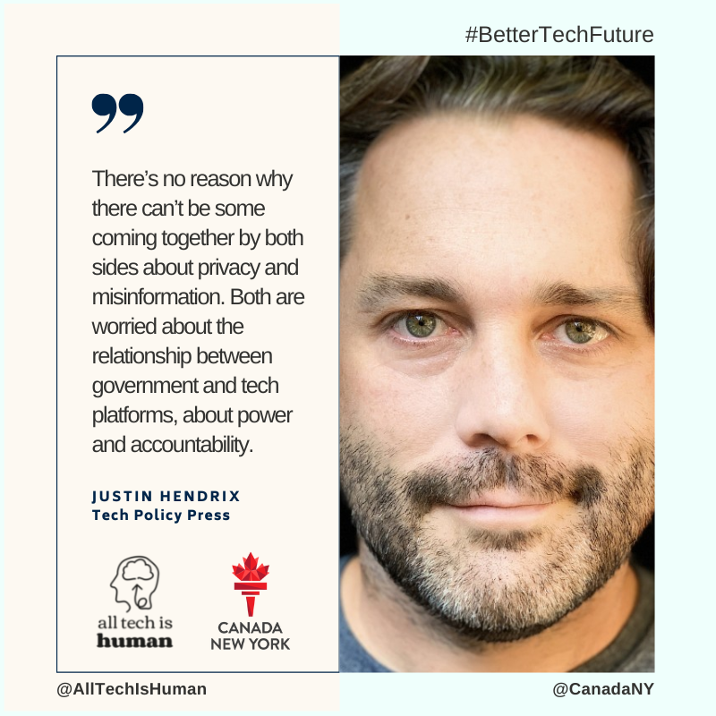 CanadaNY's tweet photo. CEO and Editor of Tech Policy Press @justinhendrix spends his time concerned about the intersection of technology and democracy. He believes there's no reason why "there can't be some coming together" by both sides.
#BetterTechFuture @AllTechIsHuman https://t.co/8et7dM1vtt