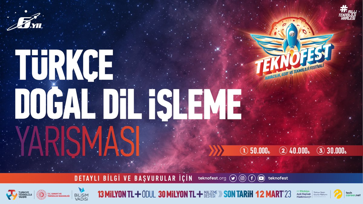 Teknofest kapsamındaki Türkçe Doğal Dil İşlemesi Yarışması için ön elemeler başarıyla tamamlandı! Yarışmacılarımızın yarışmaya başladığına sevinçle duyuruyoruz. Yoğun ilgi gören yarışmamız 5 Nisan'da sona erecek. Tüm katılımcılarımıza başarılar dileriz! @Turkcell @techcareernet