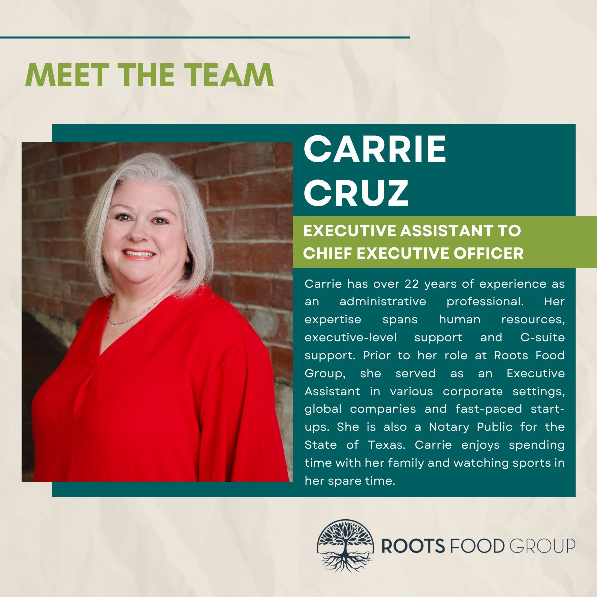 RootsFoodGroup's tweet photo. We are grateful to have Carrie Cruz, Executive Assistant to the CEO, as part of our Roots Family!  #GrowingRoots https://t.co/0mUctvv7Ih