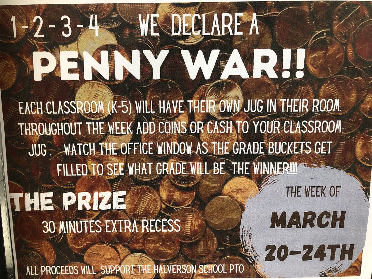 Halversontweets's tweet photo. The Penny War is on at Halverson. The students are very excited to add their pennies to their classroom jar. Tomorrow is the last day. We are excited to count and see which class will win the competition. Thank you all for your support. @AlbertLeaSchool #halversonrocks https://t.co/RYtU33Ld9z