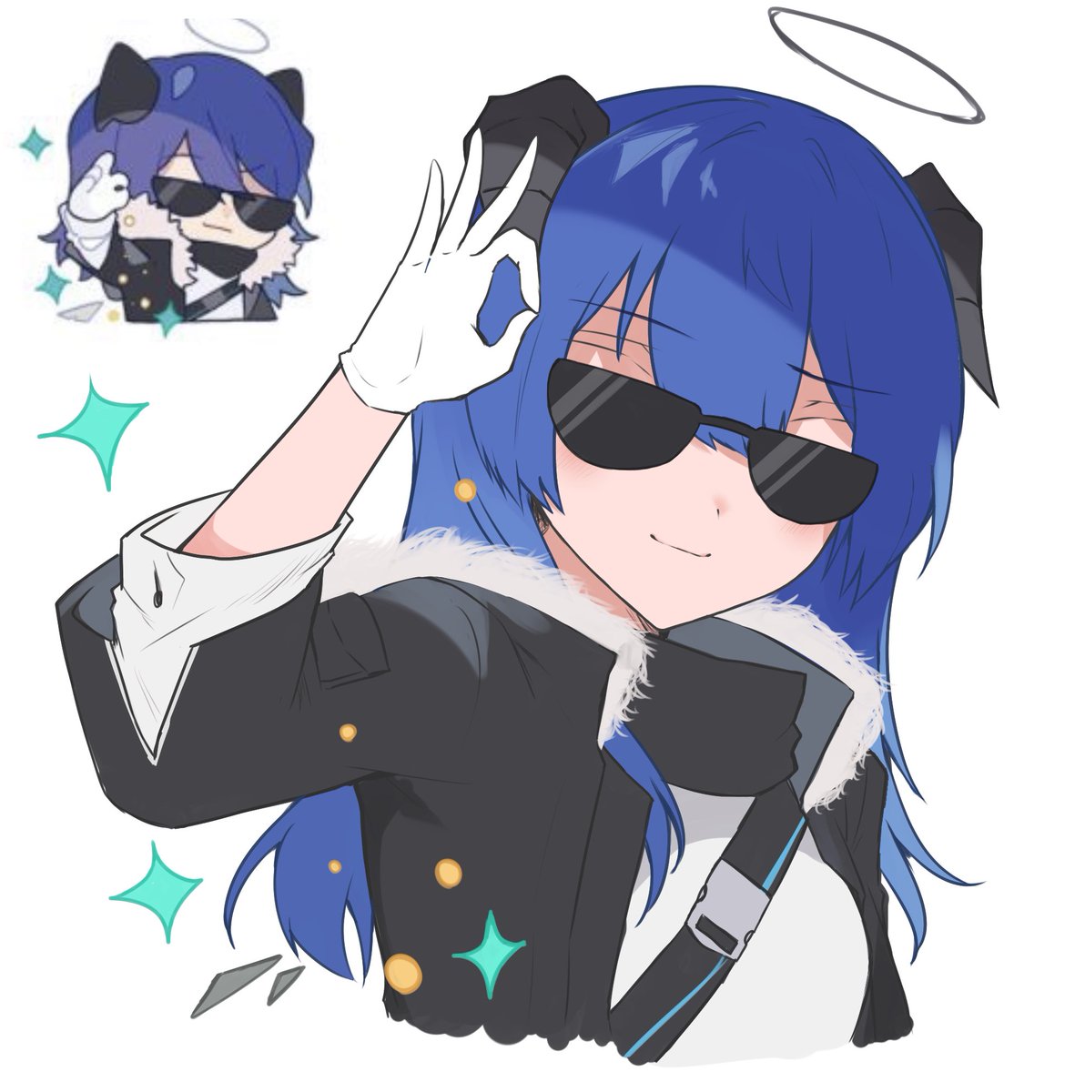 mostima (arknights) 1girl horns halo blue hair sunglasses gloves white gloves  illustration images
