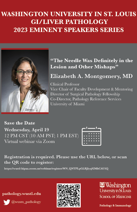 Join us for the GI/Liver Pathology 2023 Eminent Speakers Series on Wednesday, April 19 at noon CST via virtual webinar. The speaker is <a href="/LizMontgomeryMD/">Elizabeth Montgomery, MD</a> from <a href="/univmiami/">University of Miami</a>. Register for the event here: wustl-hipaa.zoom.us/webinar/regist… #wusmpathimm #PathTwitter