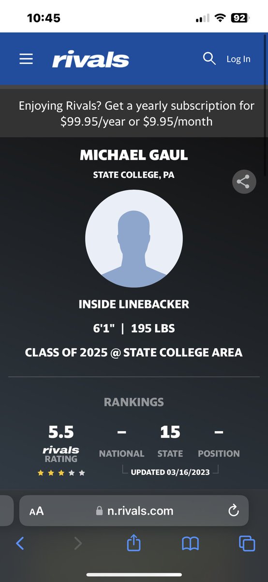 Proud to say I have been rating as top 15 in my class and a 3 star recruit! <a href="/SCoachLintal/">Coach Matt Lintal</a> <a href="/Baney35/">Matt Baney</a> <a href="/Marknstate/">Mark Baney</a> <a href="/VAPORTRAIL2471/">VAPORTRAIL247 SPEED TRAINING</a> <a href="/MohrRecruiting/">Brian Mohr</a> @PRZPAvic @RivalsFriedman <a href="/adamgorney/">Adam Gorney</a> <a href="/BrianDohn247/">BrianDohn247</a> <a href="/SeanFitzOn3/">Sean Fitz</a>