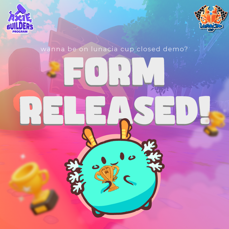 Want to run across Lunacian lands? 🏁 
Lunacia Cup has its registration form open! 
Testers will be announced in waves. Registering guarantees that you will participate in one of the magical moments of the Axie Builders Program! 🏆 

forms.gle/n3ayjgvputTYhC…
