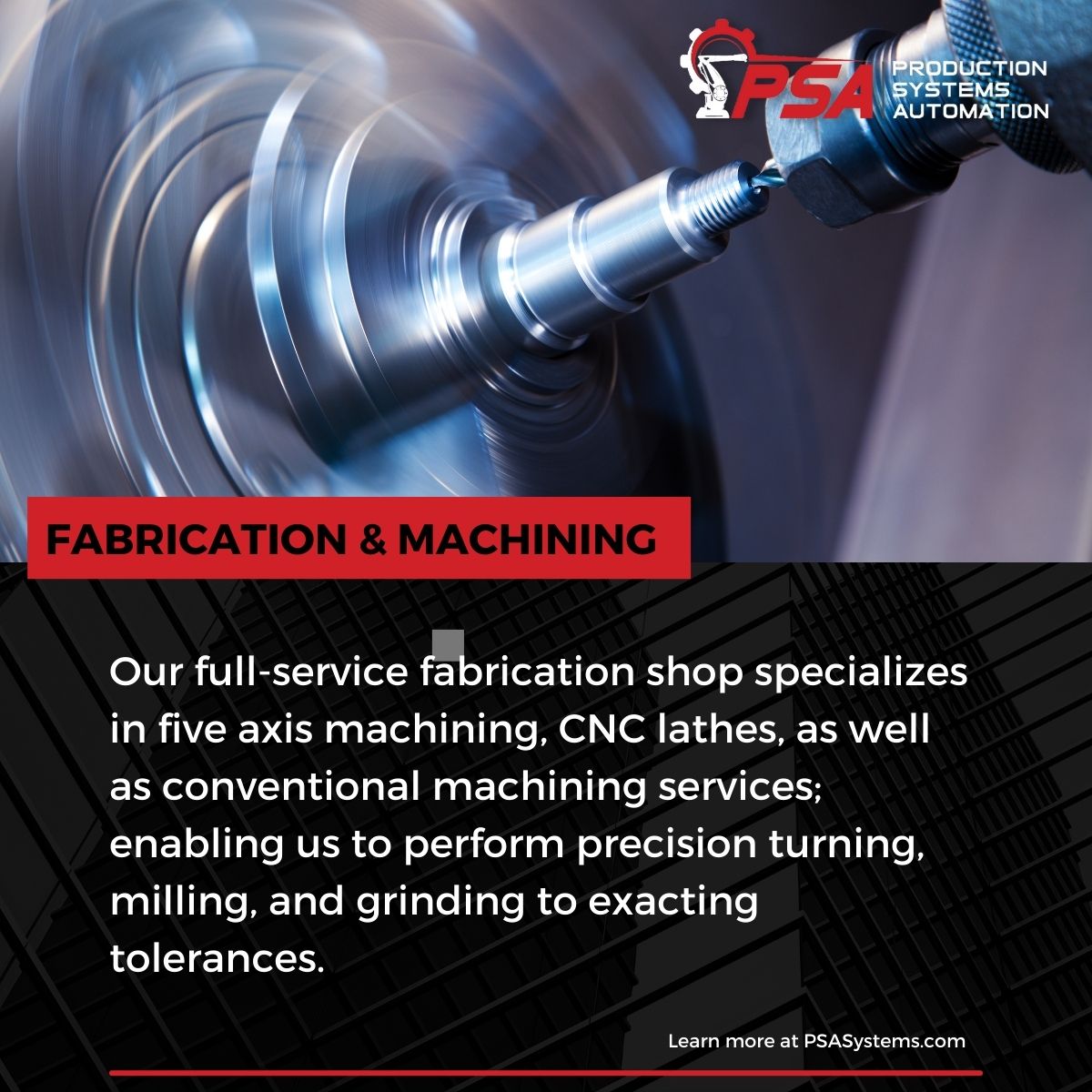 PsaSystems's tweet photo. Our full-service fabrication shop specializes in five axis machining, CNC lathes, as well as conventional machining services; enabling us to perform precision turning, milling, and grinding to exacting tolerances.

 #robotics #automation #technology #fabrication https://t.co/AabMKvJUsj