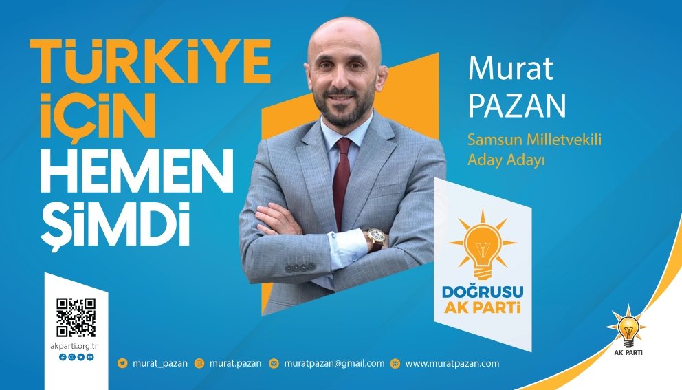 Talip olduğumuz 28. Dönem AK Parti Samsun Milletvekilliği adaylığı yolunda sizlerin destekleri, gönül birlikteliği ve duaları benim için büyük bir güç kaynağıdır.

Birlikte çalışarak, güzel ülkemizin geleceği için katkı sağlamaya devam edeceğiz.

Sevgi ve saygılarımla
Murat Pazan