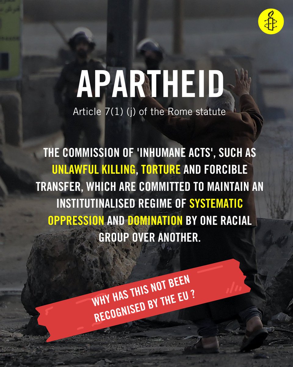 amnesty's tweet photo. All Palestinians, wherever Israel controls their rights, are subjected to its systematic oppression and domination. But, for all its condemnation of some of the tools of apartheid, the EU still declines to acknowledge this system. https://t.co/70e6G3hcjb