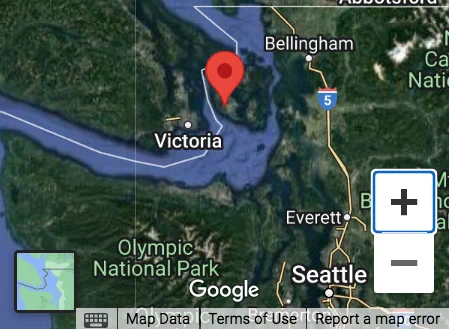 Map showing location of this morning's small earthquake that was felt on southern Vancouver Island. It was located ~12 km to the ENE of Victoria.