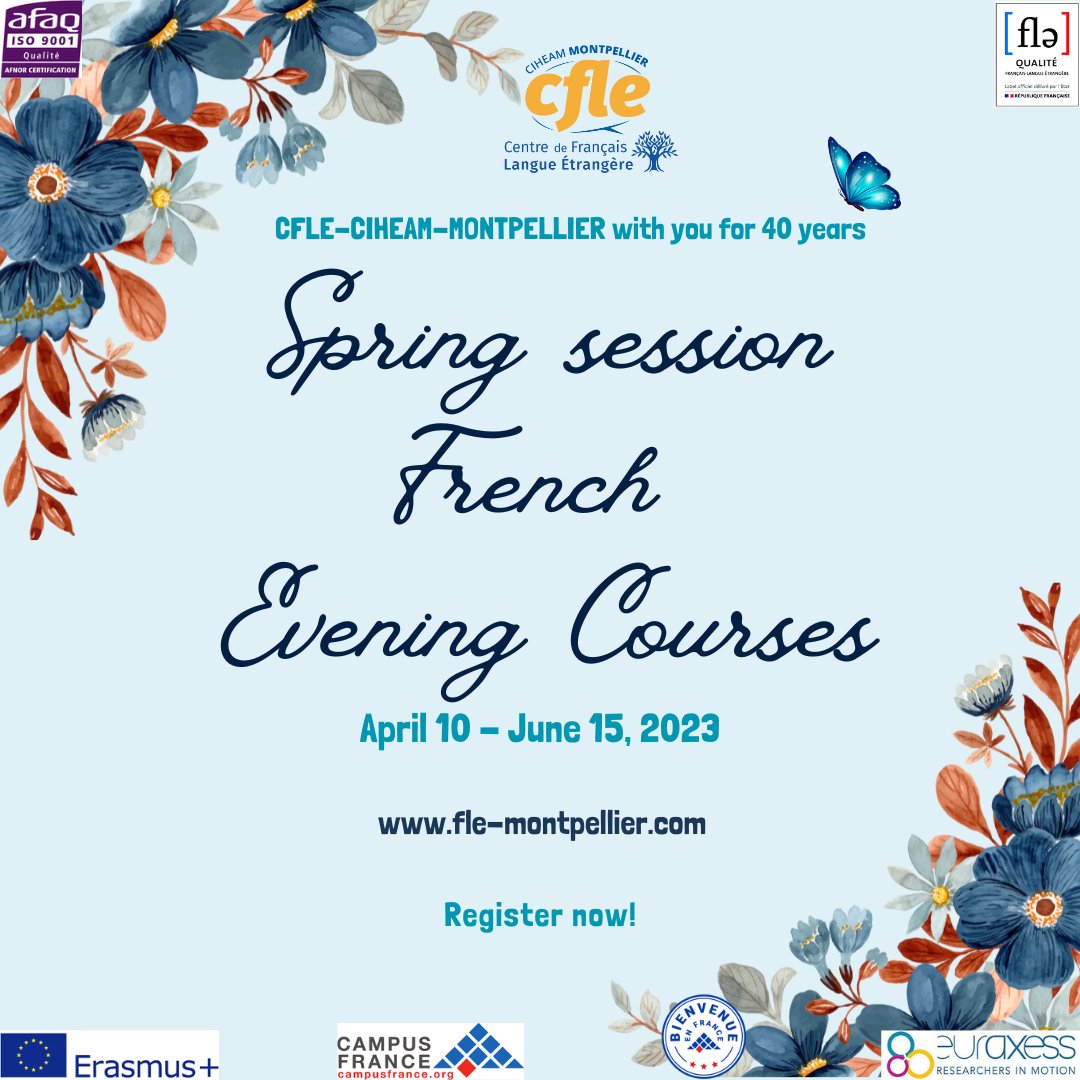 CIHEAMIAMM's tweet photo. Are you looking for #French #EveningCourses? 🇫🇷
🐞 Our spring session is coming!
📅 From April 10 till June 15, 2023
📍 in #Montpellier
👥 all levels ⏰ 2h, 4h or 6h a week
🔎https://t.co/ttPoEaJR08
#FLE #CIHEAMMontpellier #LearnFrench #Frenchcourses #apprendreFR #français https://t.co/28Fbue6H09