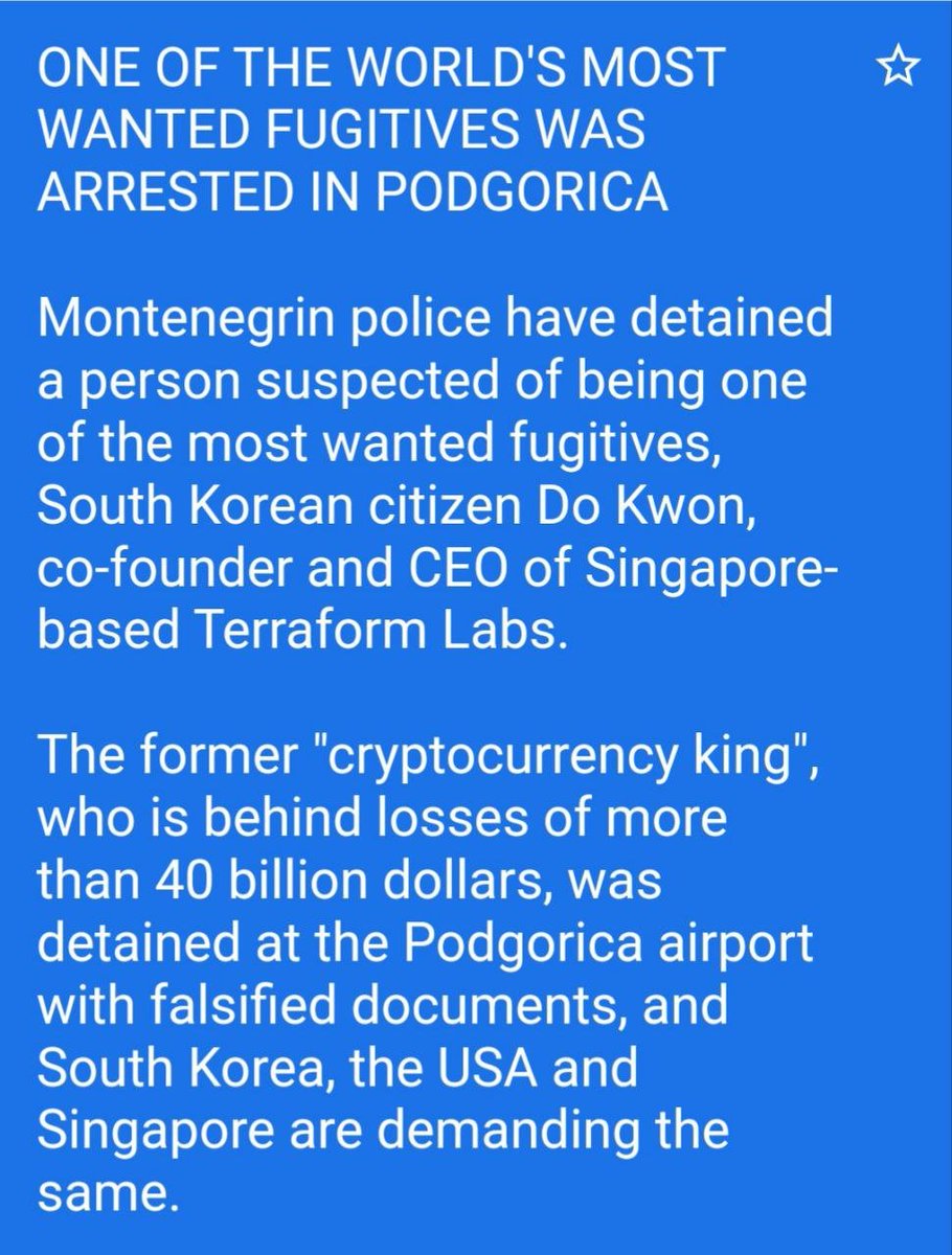 MoneyRadar_FR's tweet photo. 🚨 ALERTE - Fin de cavale pour Do Kwon

Le créateur de Terra, a été arrêté à l'aéroport du Monténégro en possession de faux documents.

Il faisait l'objet d'une enquête depuis 11 mois après  l'effondrement de Terra/LUNA (40 milliards de pertes).

https://t.co/tIXEXUq54o https://t.co/45ItJaihKP