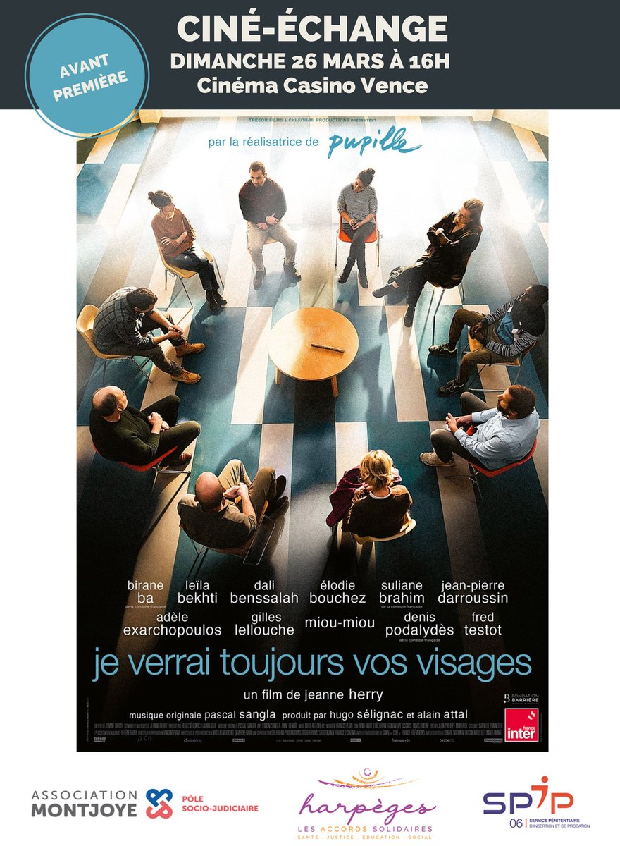 Ce dimanche, avant-première du film sur la justice restaurative "je verrai toujours vos visages" au cinéma Casino à #Vence. 
Suivi d'un débat animé par Montjoye, le #Spip06 et #Harpeges 
On s'y retrouve ?