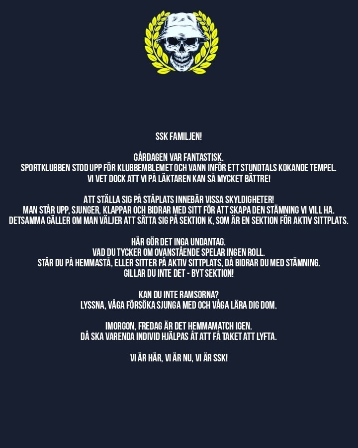 Kamrater, imorgon ser vi till att få taket att lyfta i VÅRAT tempel!
Ingen &amp; då menar jag ingen, ska vara bekväm med att besöka Scaniarinken, vare sig man är spelare eller supporter!
Var stolta, sjung högt &amp; röj för Tälje! #twittssk