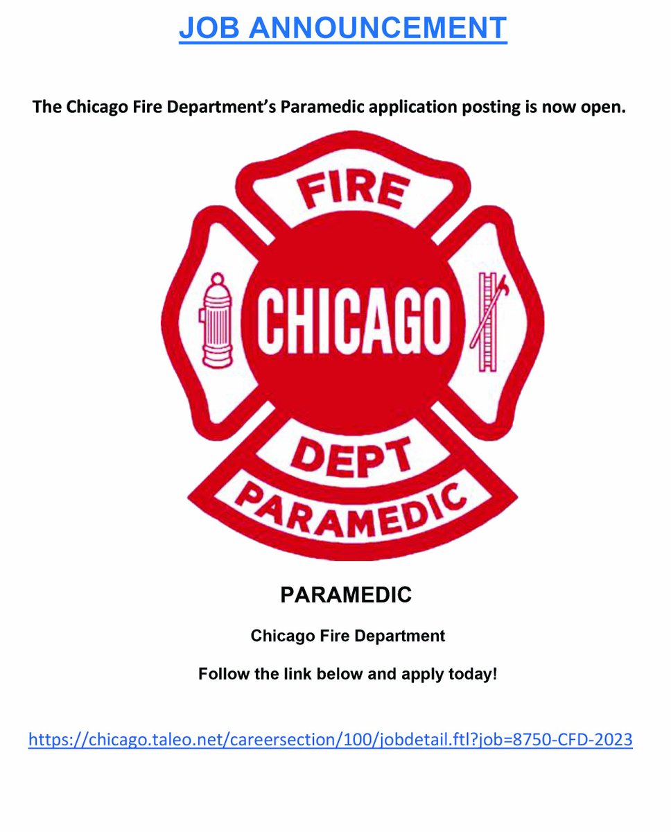 The Chicago Fire Department's Paramedic Application posting is now open. Apply today!

chicago.taleo.net/careersection/…