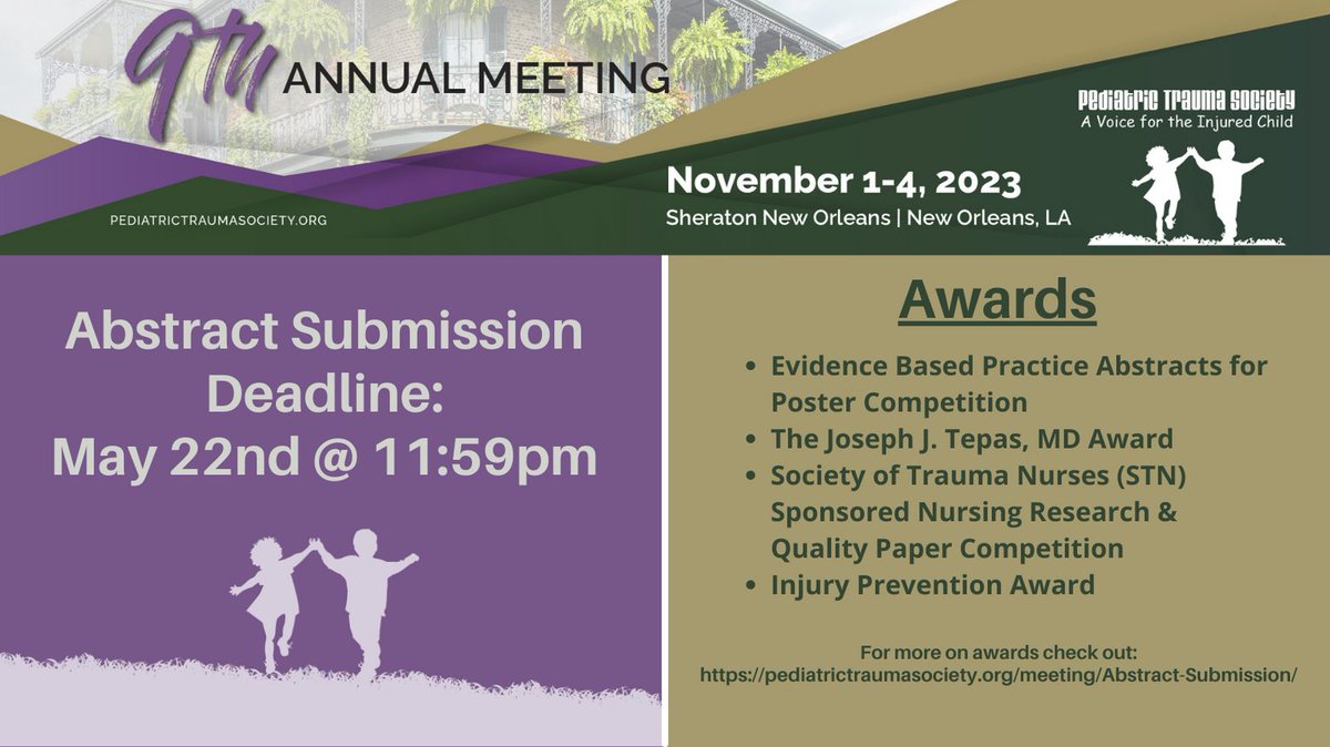 Don't forget to submit your abstract before the May 22nd deadline! For the second year, we are accepting abstracts for the PTS Injury Prevention Award! 

Submit your abstract and learn more: pediatrictraumasociety.org/meeting/Abstra…

#PTS2023 #Pediatrics #PediTraumaSoc #Peds #PediatricResearch