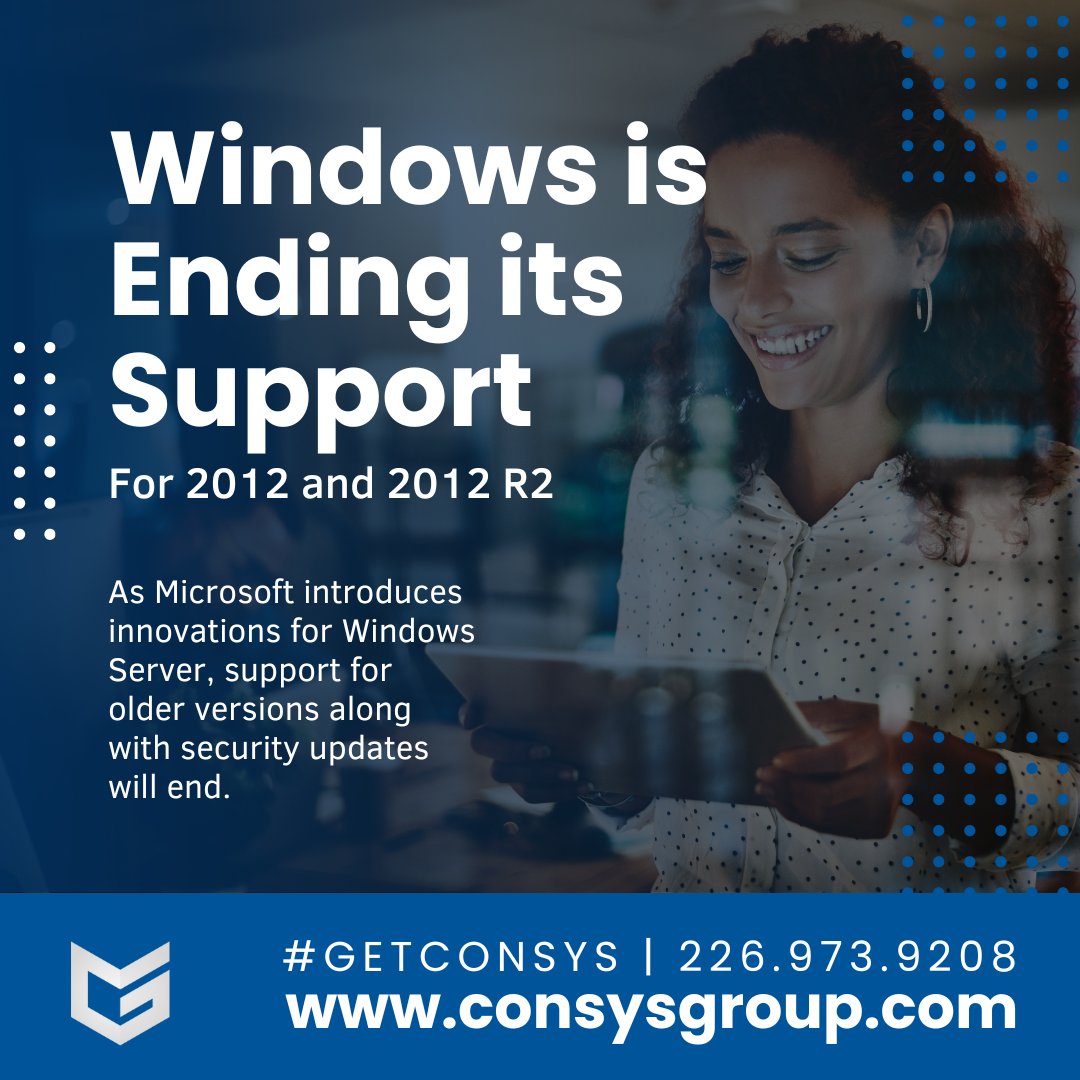 Consysgroup's tweet photo. As Microsoft innovates, support for older versions will end on October 10, 2023. This means:

🔹 No More Security Updates
🔹 Server Vulnerability
🔹 Violation of Compliance Standards
🔹 Antiquated Software

Don't be a statistic. #GetConsys

#Windows2012 #LdnOnt #ITSupport https://t.co/JxPPU26A0C