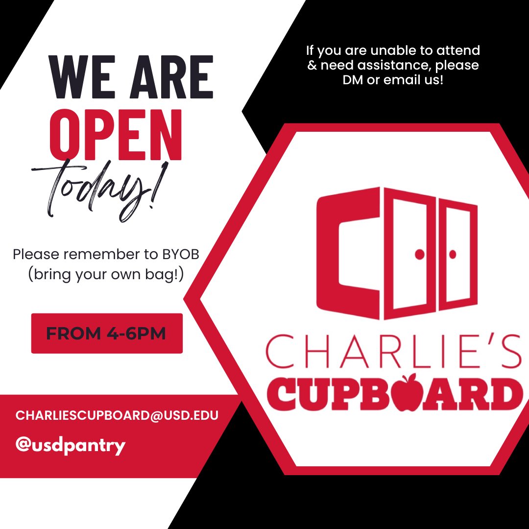 Yotes, we are open today from 4-6pm! Come stop by for some personal care items and food products including canned goods, eggs, and other fun snacks!

If you are unable to attend, please DM or email us at charliescupboard@usd.edu &amp; we will be more than happy to accommodate you!