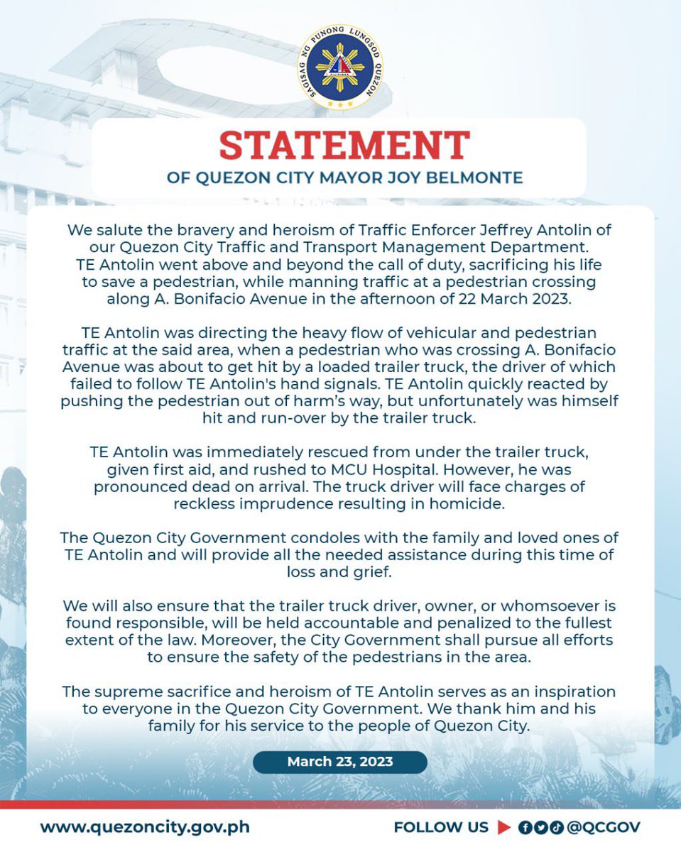 QCGov's tweet photo. STATEMENT OF QUEZON CITY MAYOR JOY BELMONTE

We salute the bravery and heroism of Traffic Enforcer Jeffrey Antolin of our Quezon City Traffic and Transport Management Department. https://t.co/AX32daqDl8