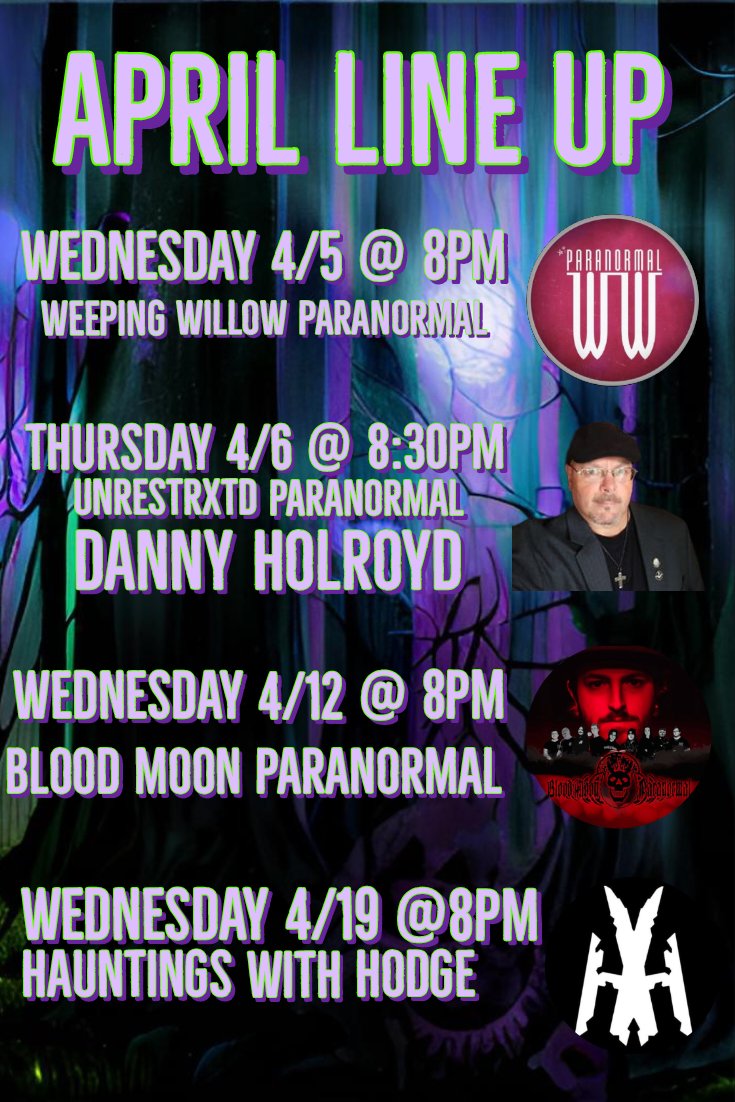We will be ending March with another amazing guest Exploring Harley! April is going to be just as 🔥 Check out our April guest and give them a follow! 
<a href="/WeepingWillowP/">Weeping Willow Paranormal</a> @HauntingsWHodge <a href="/bloodmooncrew/">Blood Moon Paranormal</a>