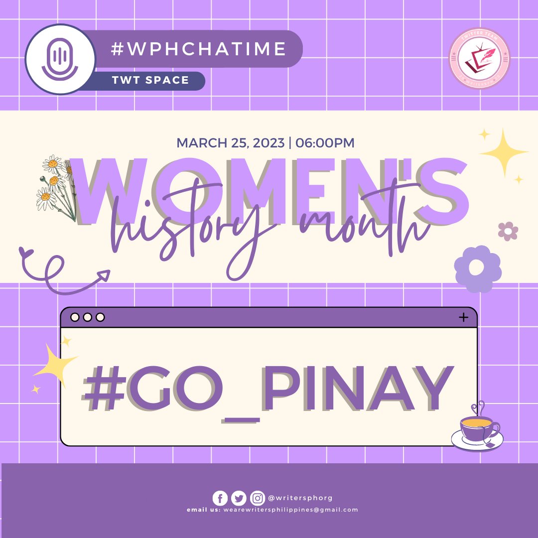 Hey, guys! Join us for an inspiring discussion of Women's History Month: Go Pinay! Our Twitter Team is hosting a fun #WPHChaTime tomorrow (March 25, 2023) at 6 PM, with a few female Filipino authors as speakers. Keep an eye out for it!