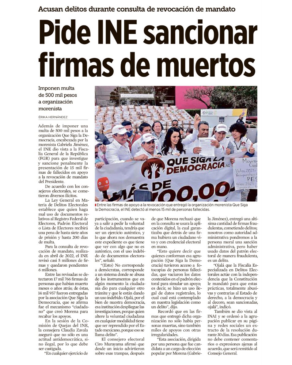 JTrianaT's tweet photo. La Asociación Civil morenista 'Que siga la democracia', fue encomendada por el obradorato para reunir firmas de apoyo para la farsa de revocación del mandato.

La A.C. será multada por haber entregado al INE, al menos 15 mil firmas de muertos. Un fraude.

Morena siendo morena https://t.co/KuWfNCdBMk