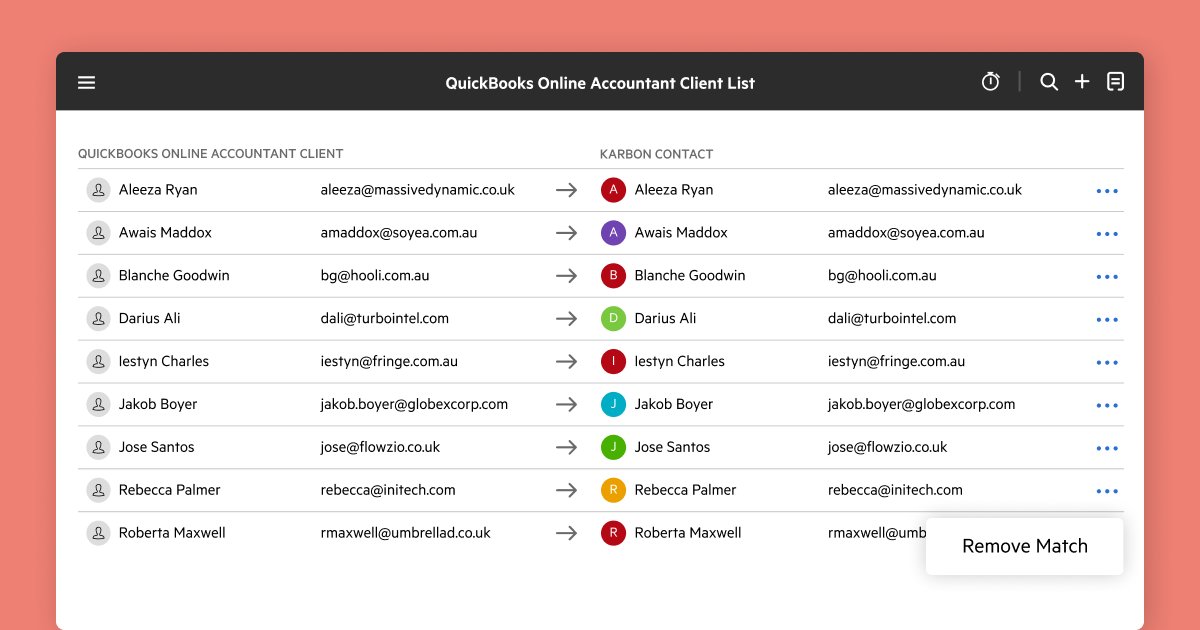 karbonhq's tweet photo. In case you missed our latest #KarbonUpdate, new integrations with @QuickBooks Online Accountant and @SuiteFiles have just launched.
Keep contact details in sync with fewer clicks, less manual entry, and spend more time on the work that matters.
https://t.co/e40EokUS3t https://t.co/F0kJz8V5Yc
