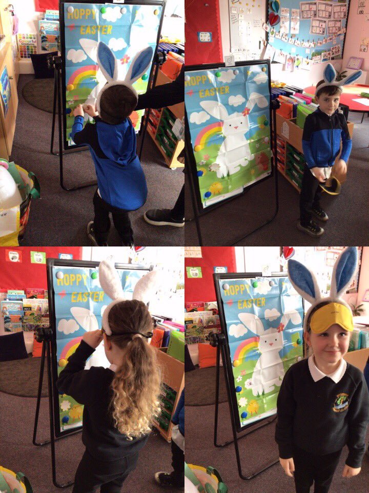 murrayfieldlc's tweet photo. Lots of Easter fun at MLC this afternoon! Using our where words to help us pin the tail on the Easter bunny 🐇 Is it on the nose? Is it next to the ears? #whwords #prepositions https://t.co/9TN4oZ6OZx