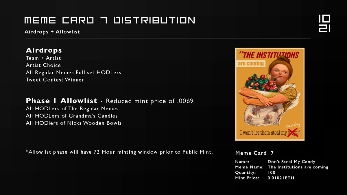 Oh my so happy to see some familiar regular faces who have added this extra regular #memecard to their collections 👏🥰 thank you so much for keeping it regular - you know who you are 🫵❣️

Claim window for <a href="/1021Labs/">The Regular Memes by 1021</a> NFT and <a href="/Regulars_NFT/">Granny</a> candy and bowl holders is still OPEN 🙌